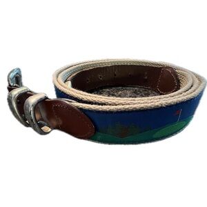 Golf belt, canvas/leather, blue/green/cream.